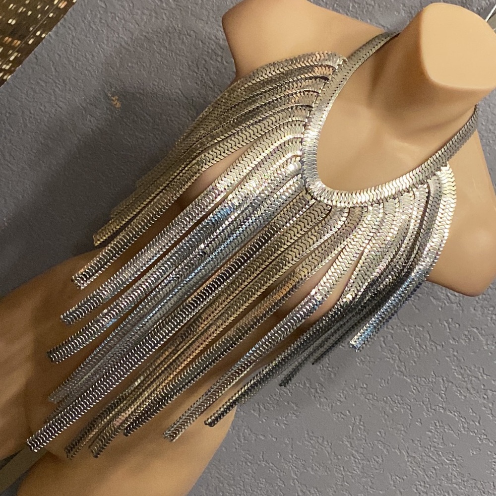 ENCOUR - necklace: thick long silvertone asymmetric fringe 1 of a kind statement - Picture 16 of 16